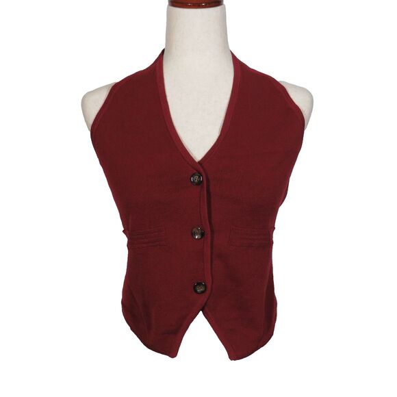Halara Vest Burgundy Sweater Knit Button Up Halter Neck Top Size Large 12-14 - Picture 10 of 11